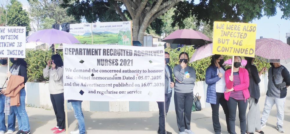 Staff nurses under the DRAN 2021 continued their protest for a second day. (Morung File Photo)